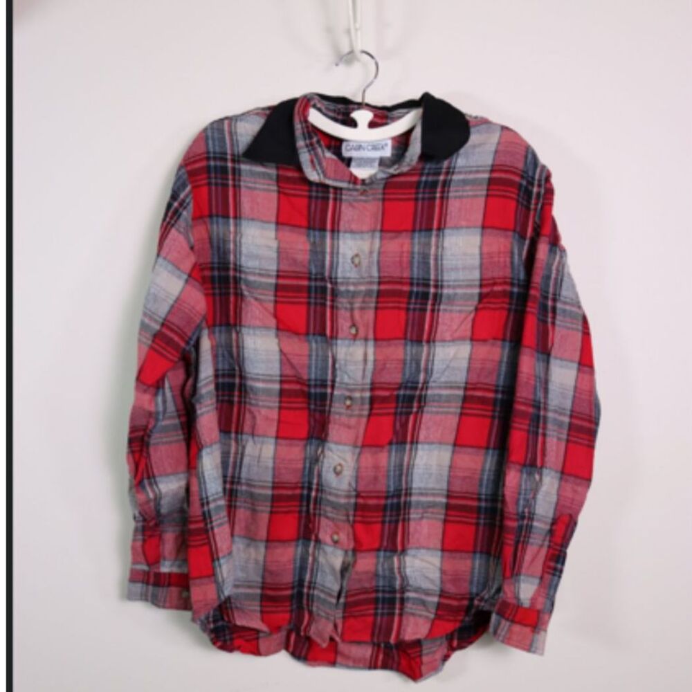 Cabin Creek Black Red Tan Plaid Button Up Shirt Black Collar Long Sleeve Medium